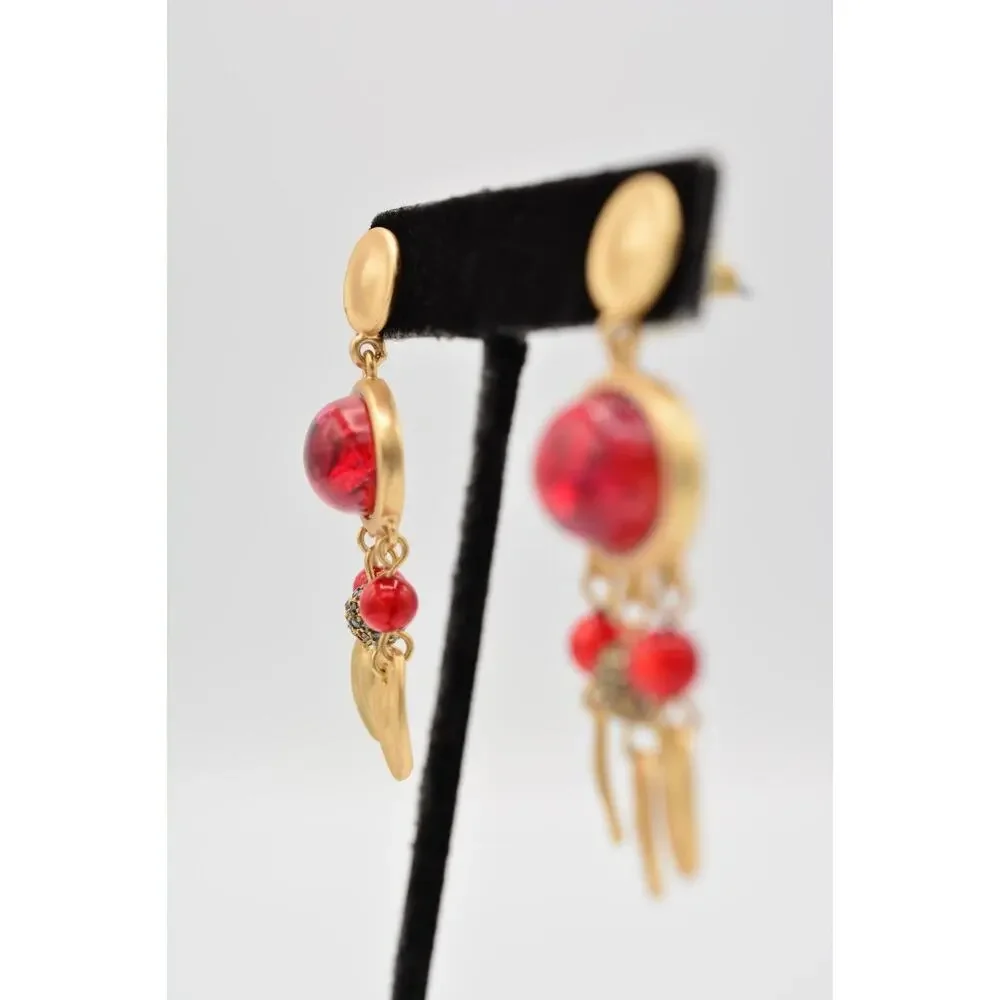 Statement Cabochon Dangle Earrings Red Lucite Brushed Gold Black Rhinestone 9L